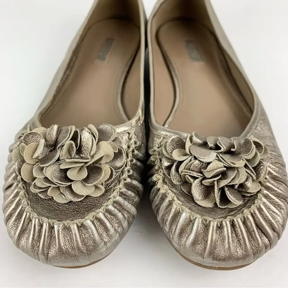 Ecco Metallic Silver Gold Leather Floral Ballet Slip On Flats 40